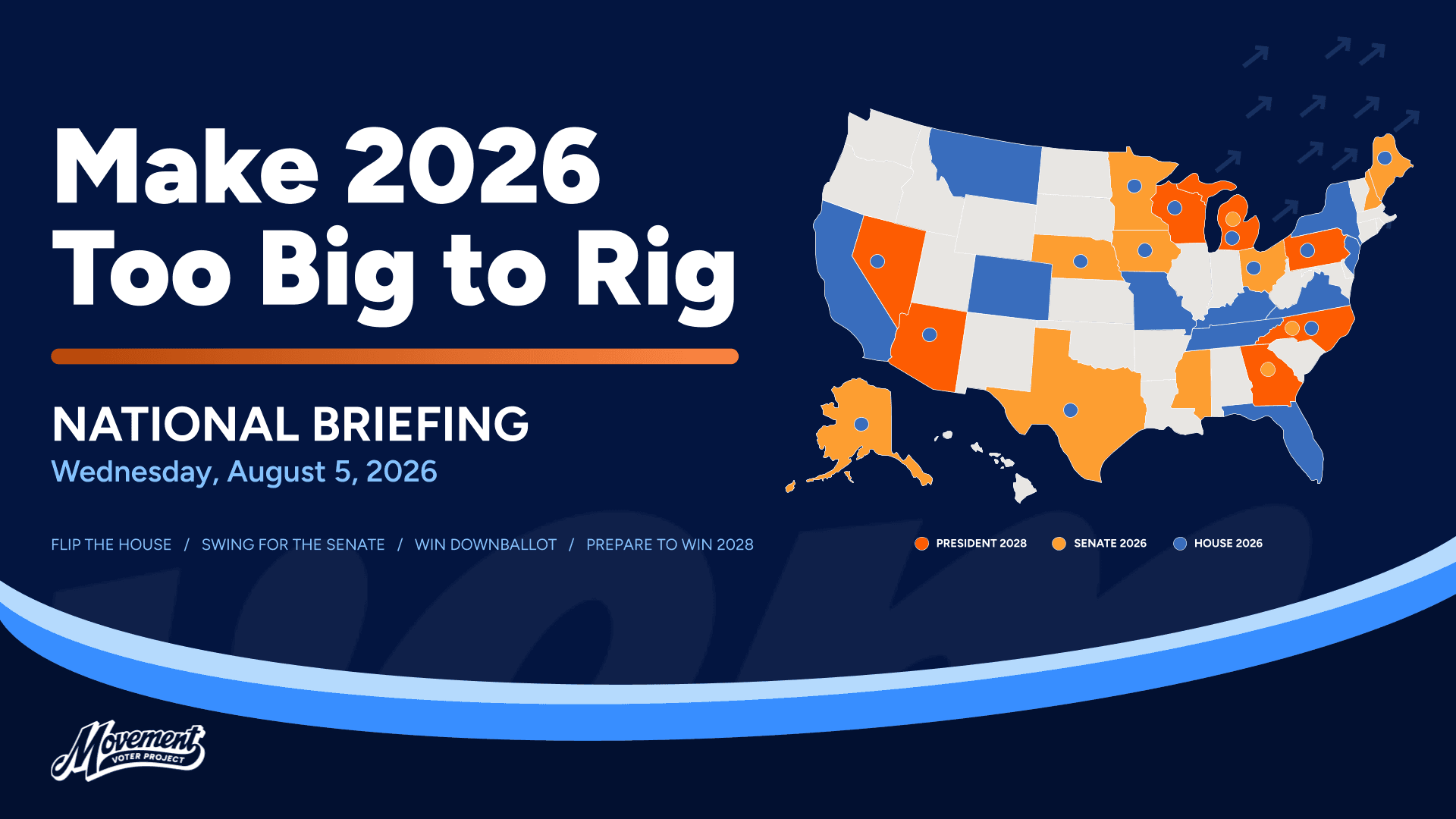 Movement Voter Project Briefing Deck title slide. Large multi color map highlighting key swing states. Title: Make 2026 Too Big To Rig August 5th 2026